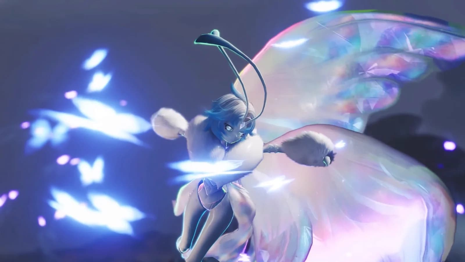 Butterfly-winged Aniimo sweeping iridescent wings forward as a burst of blue light scatters across a dark sky