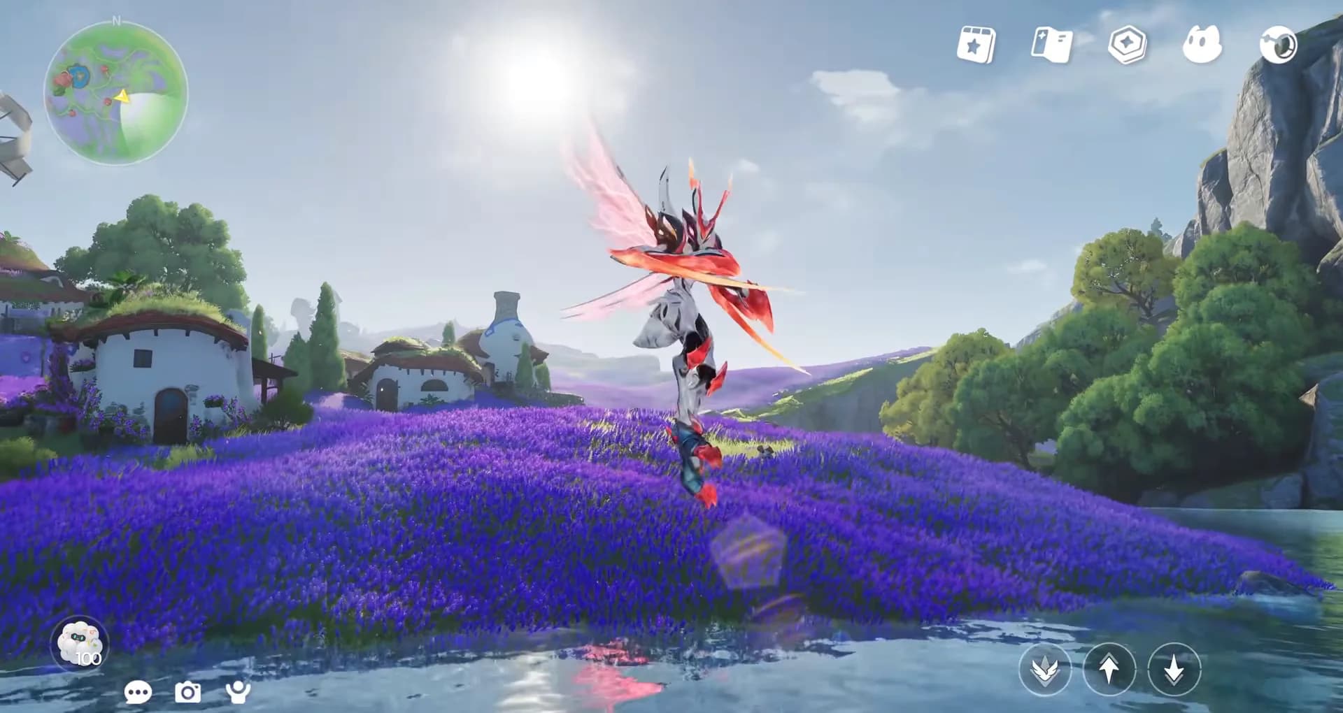 Winged Aniimo gliding over a lavender field beside a village of round white houses with the flight controls on screen