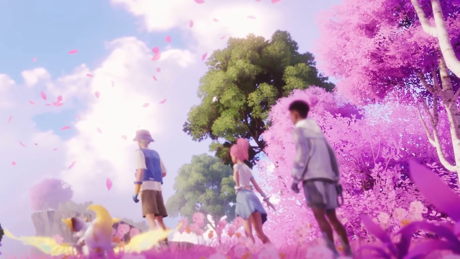 Three Pathfinders walking a blossom valley with pink petals falling around a green tree and magenta thickets