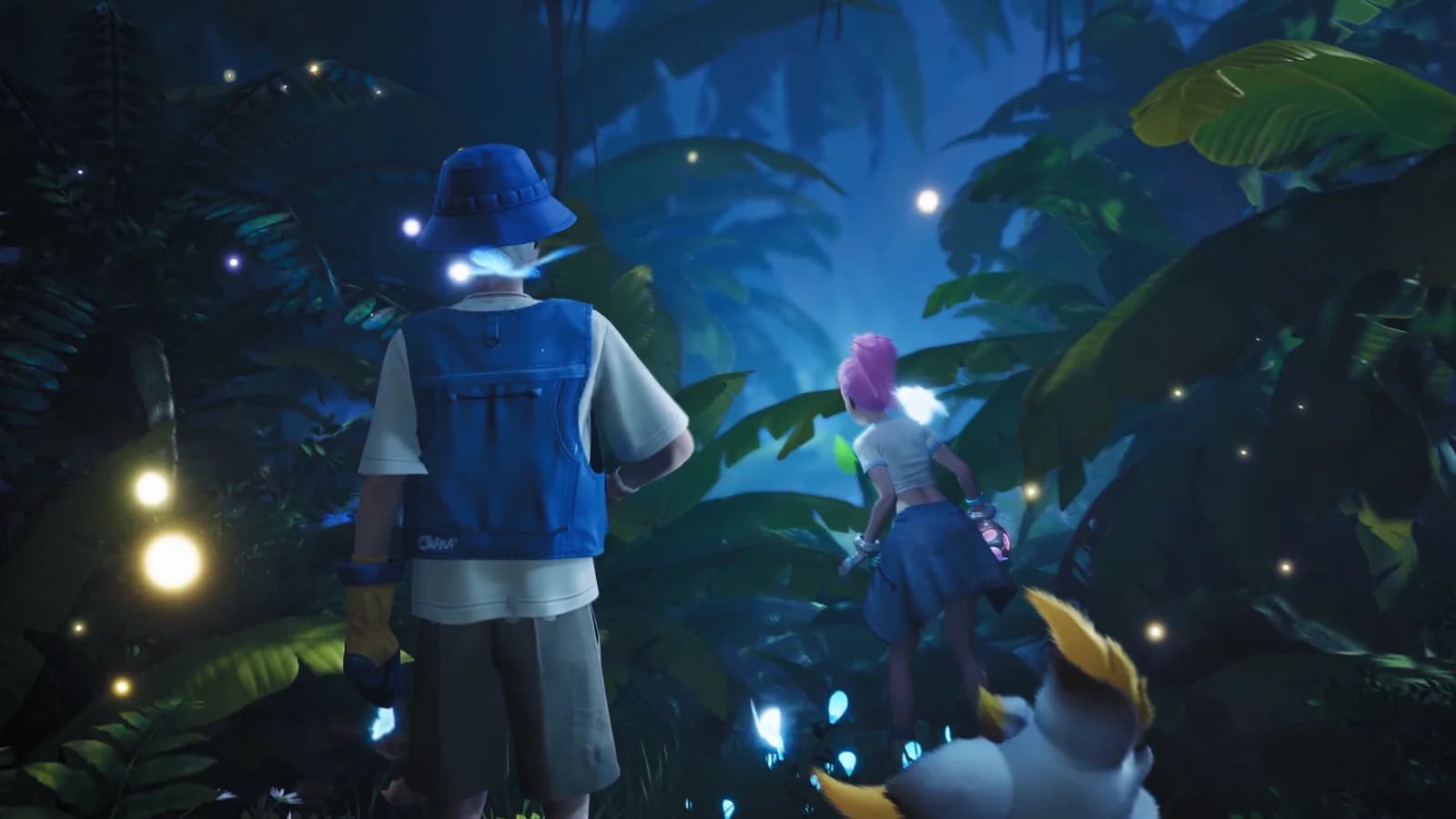 Two Pathfinders standing in a night forest lit by drifting fireflies and glowing blue butterflies with a fox Aniimo beside them