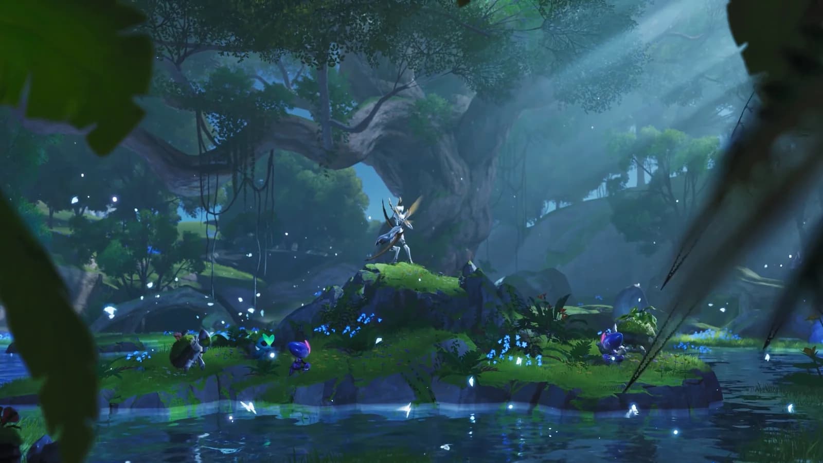 Small Aniimo settled on a mossy island under a vast tree while a winged Aniimo stands over them in blue light