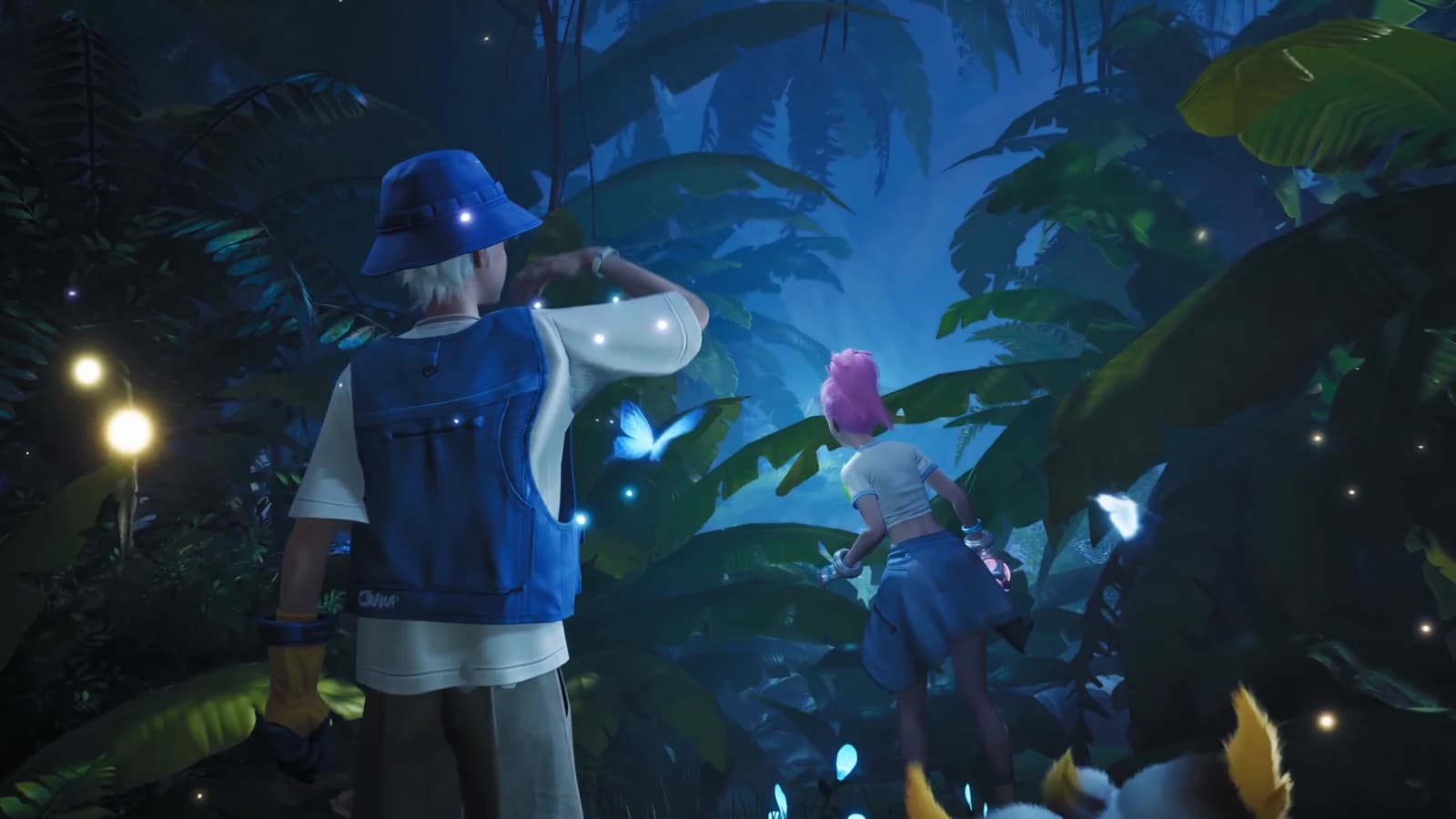 Two expedition members standing in a dark glowing forest with drifting lights and a small Aniimo between them