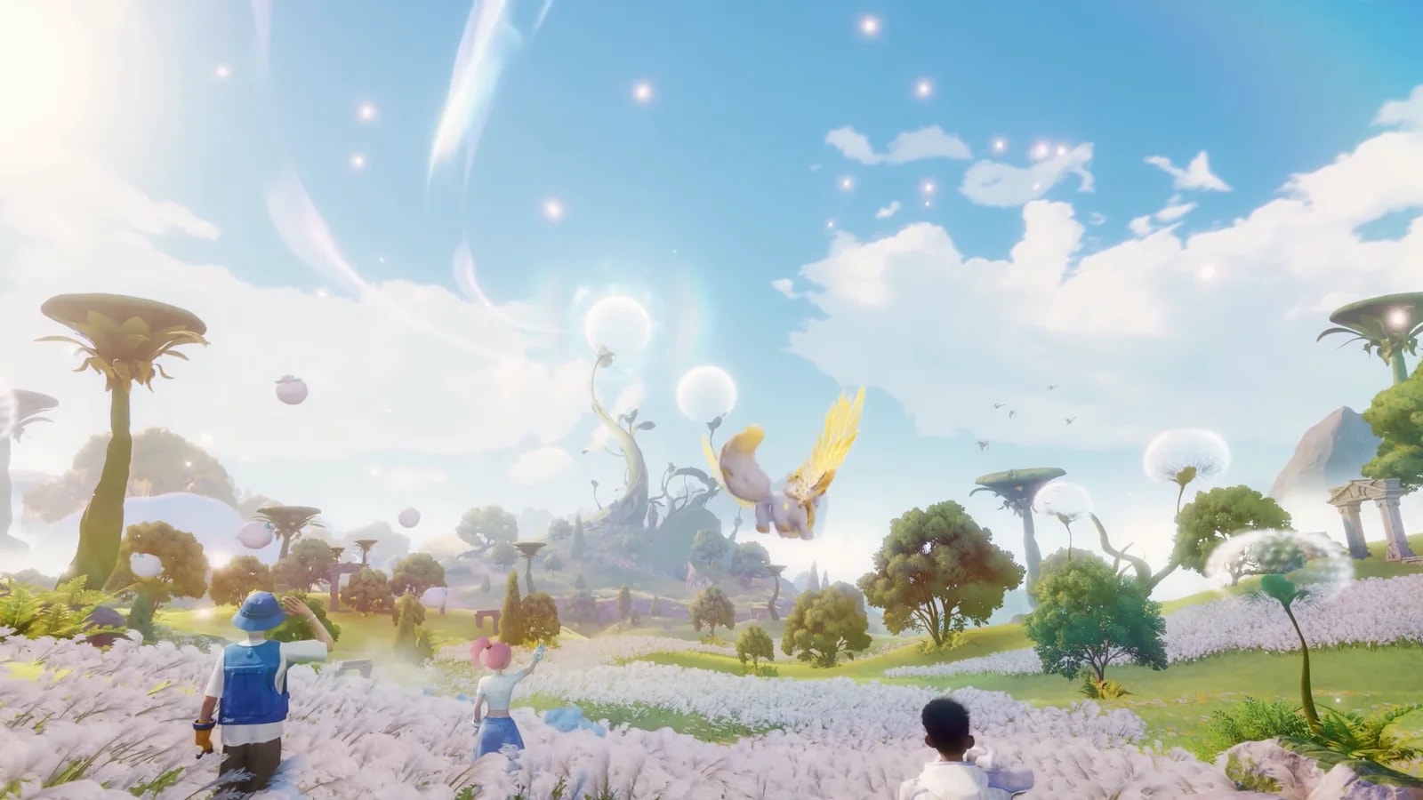 Expedition members crossing a white flower meadow in Idyll as a winged Aniimo glides past a distant spire