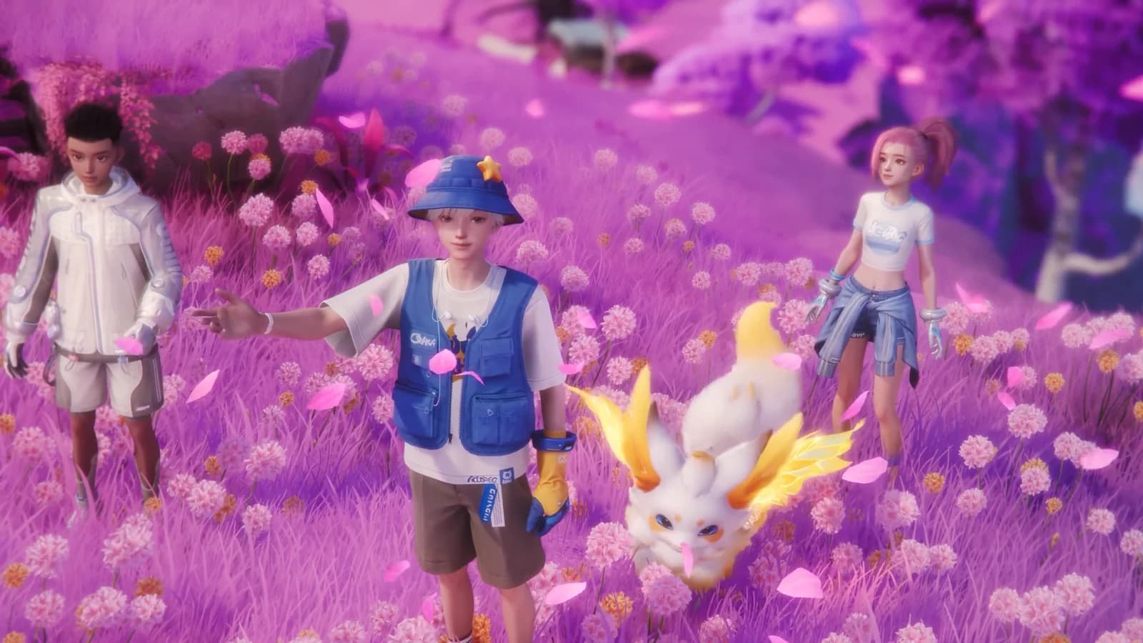 Three expedition members walking through a pink bloom field with a white and gold fox Aniimo beside them