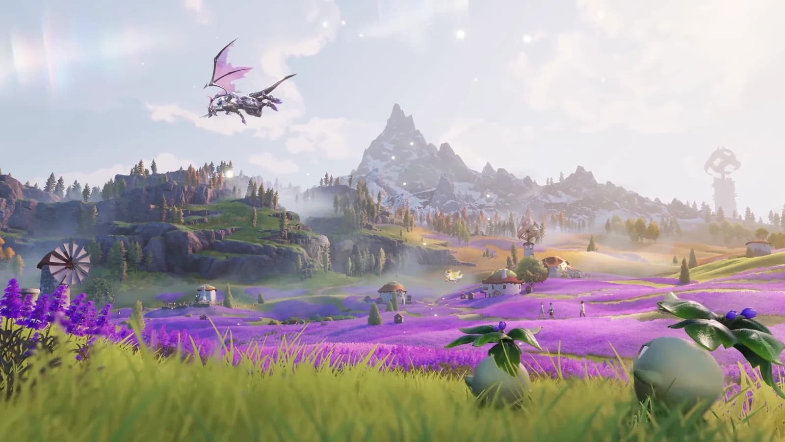 Wide view of Breezy Plains with a purple flower valley, a snow-capped peak and a rider gliding on a winged Aniimo
