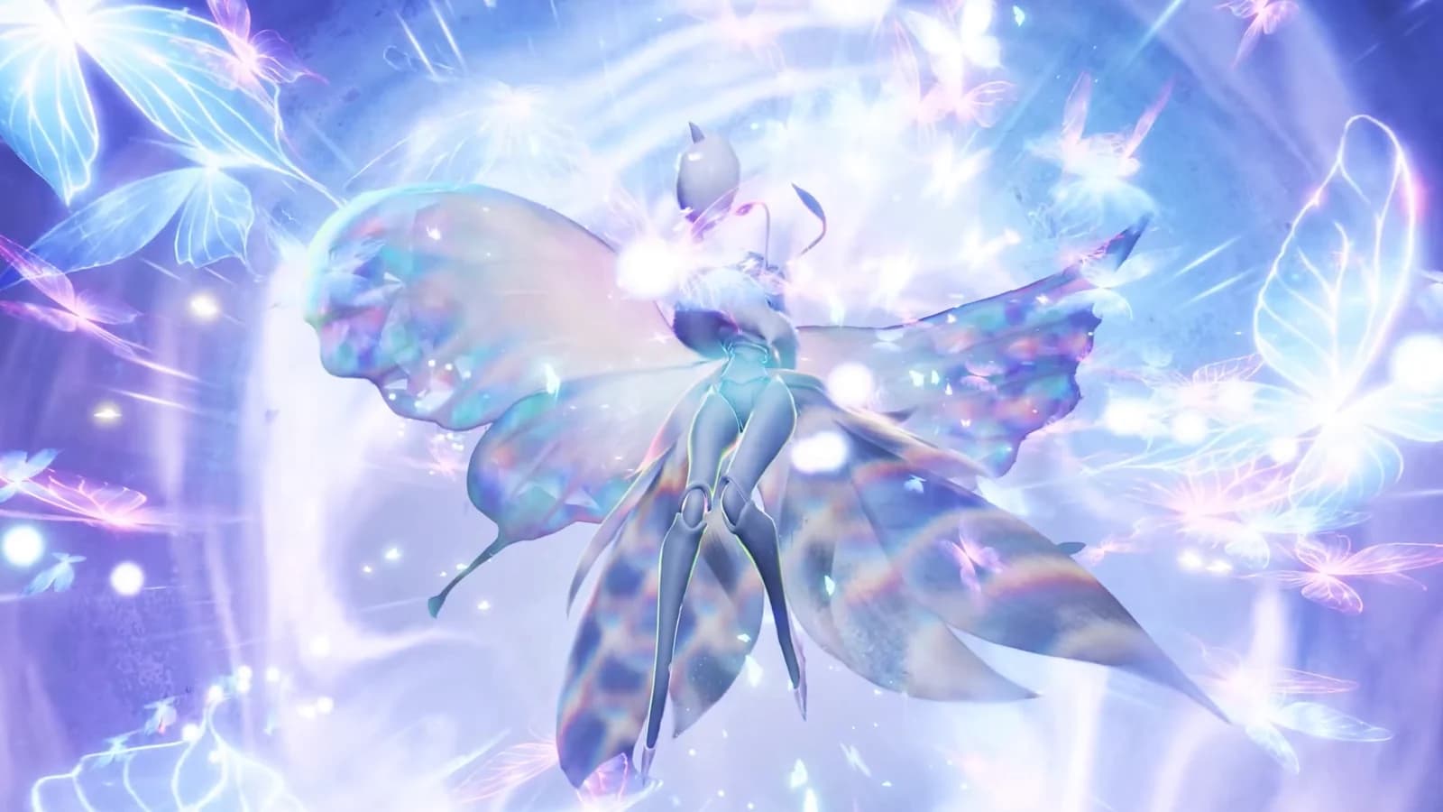 Large moth Aniimo with patterned wings fully spread inside a sphere of pale light and drifting smaller butterflies