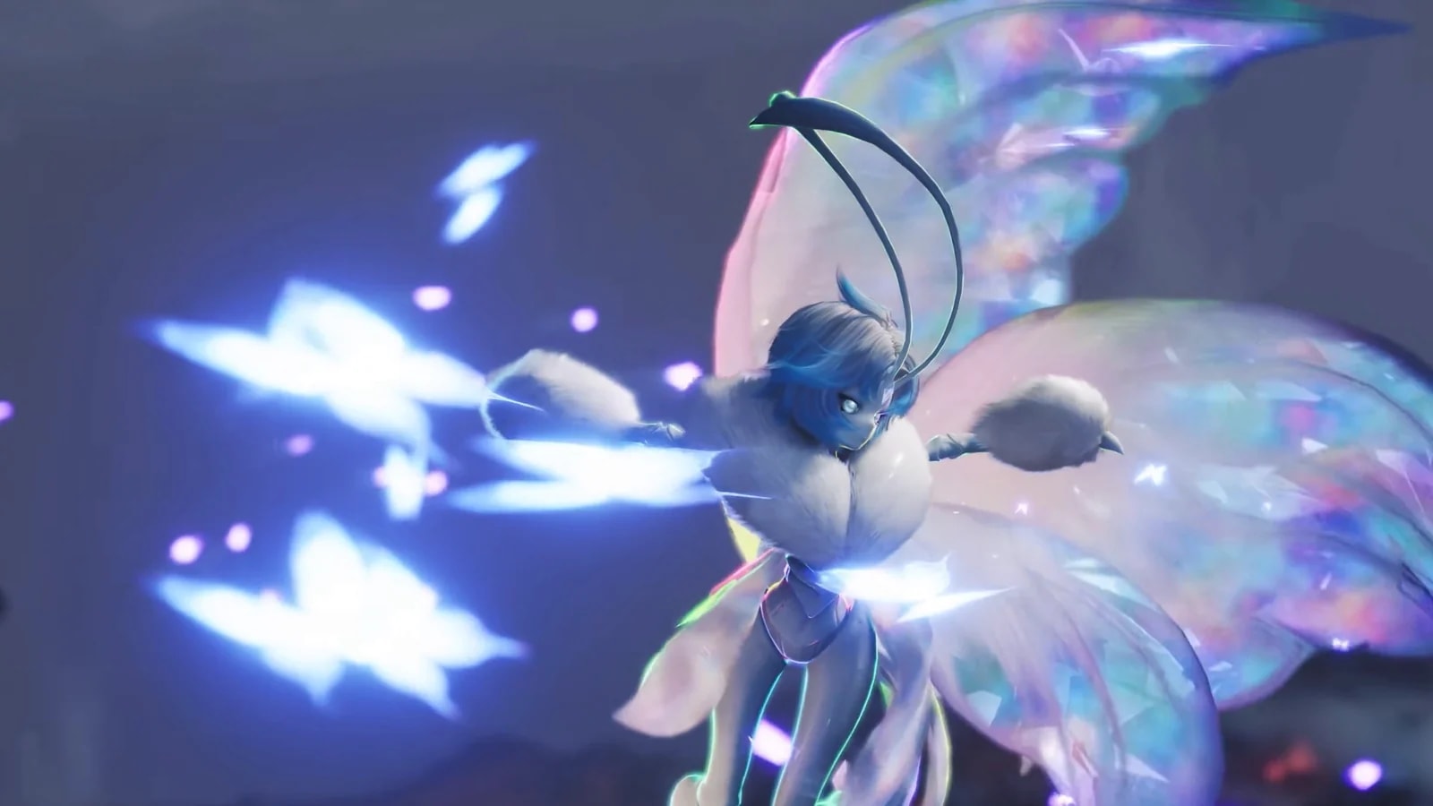 Moth Aniimo with iridescent wings and a white ruff hovering at dusk while glowing blue butterflies stream away from it