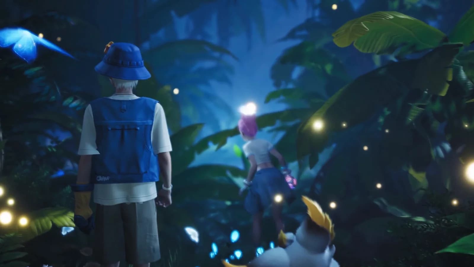 Two expedition members standing in a night jungle with glowing blue butterflies and floating lanterns around them