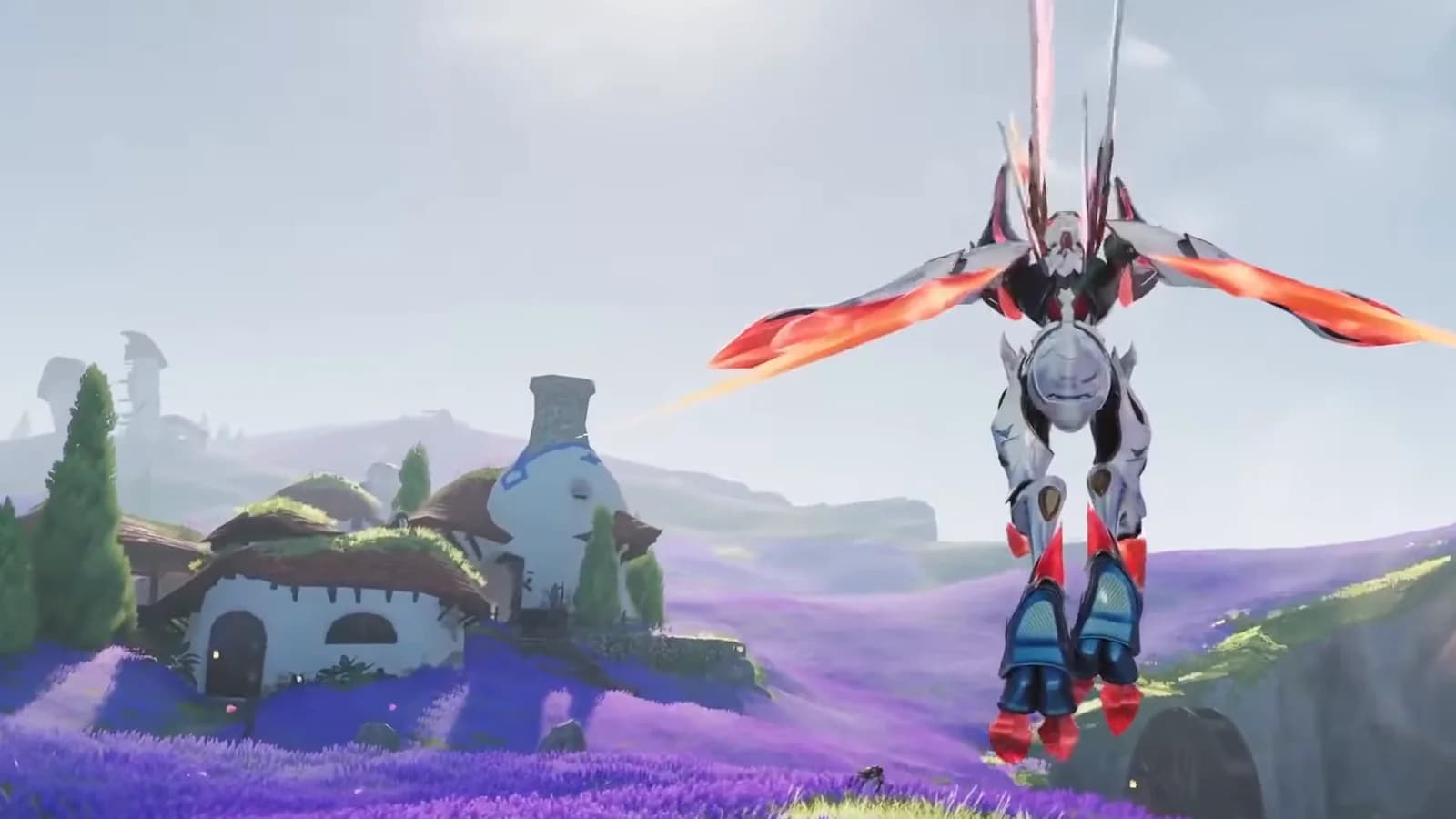 White and red winged Aniimo hovering over a lavender field beside round stone houses under a bright sky