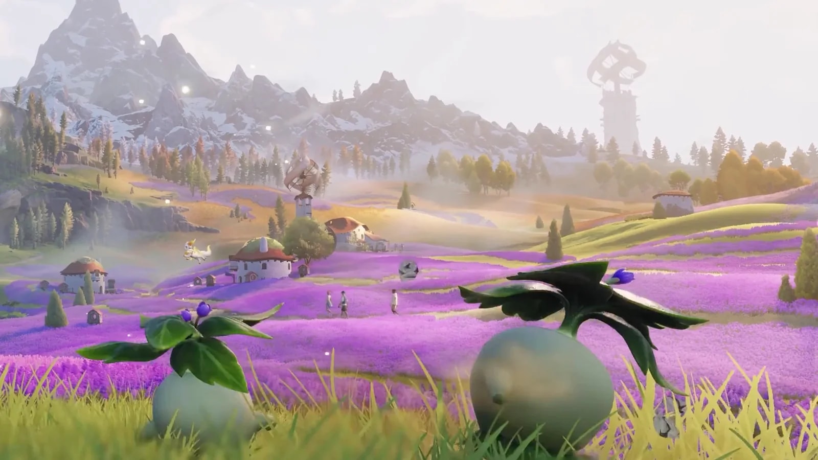 Lavender meadow below snowy peaks with a village of thatched houses and two leafy Aniimo in the foreground grass