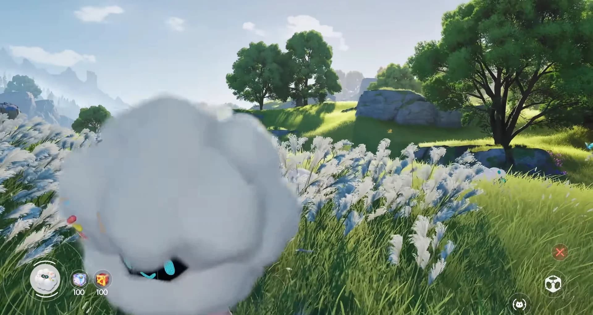 Close view of a cloud-fleeced Nimbi standing in a meadow of white pampas grass with the catch pod counters on screen