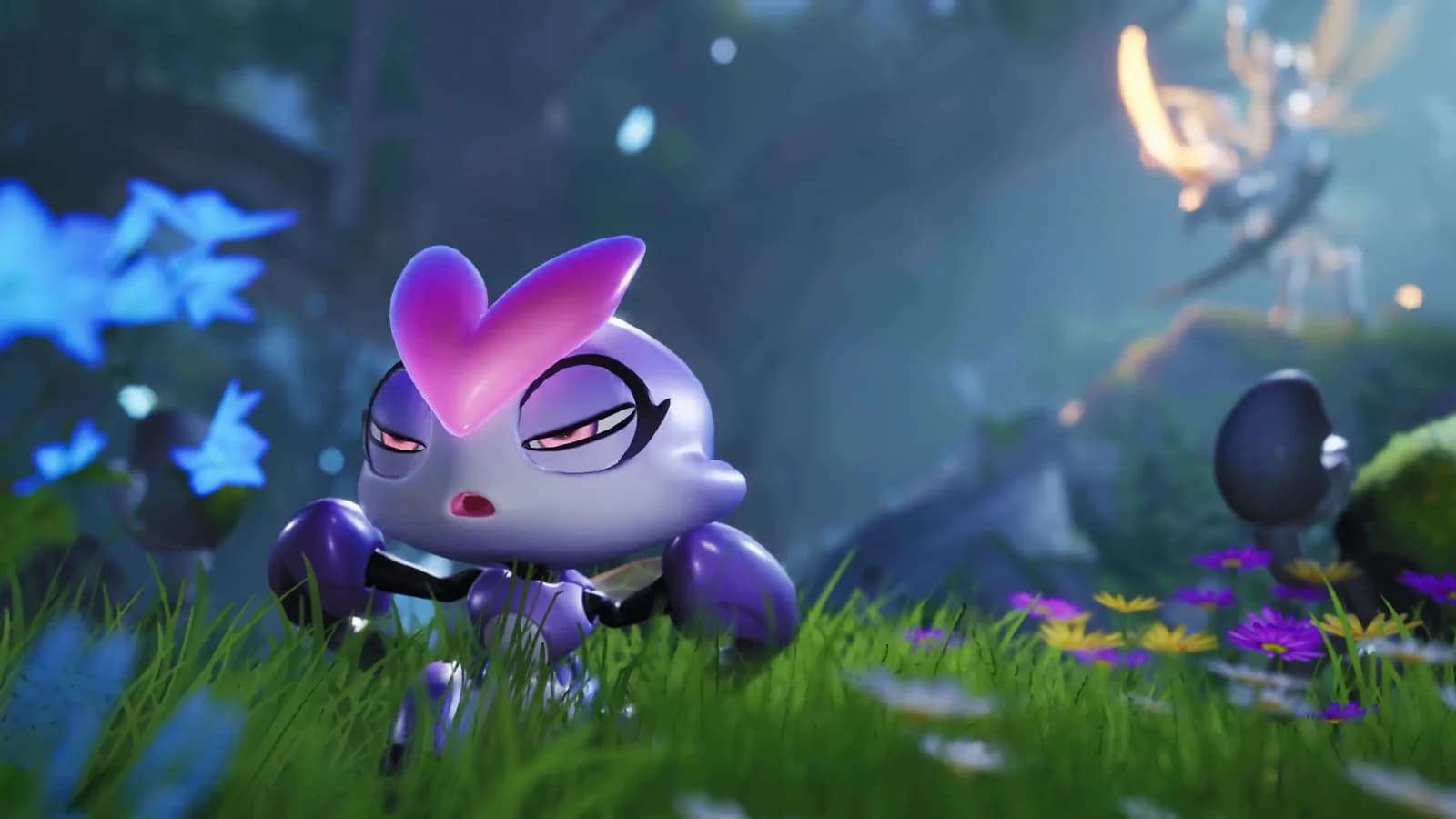 Purple Aniimo sitting in a night meadow of blue glowing flowers with a golden winged Aniimo hovering behind it