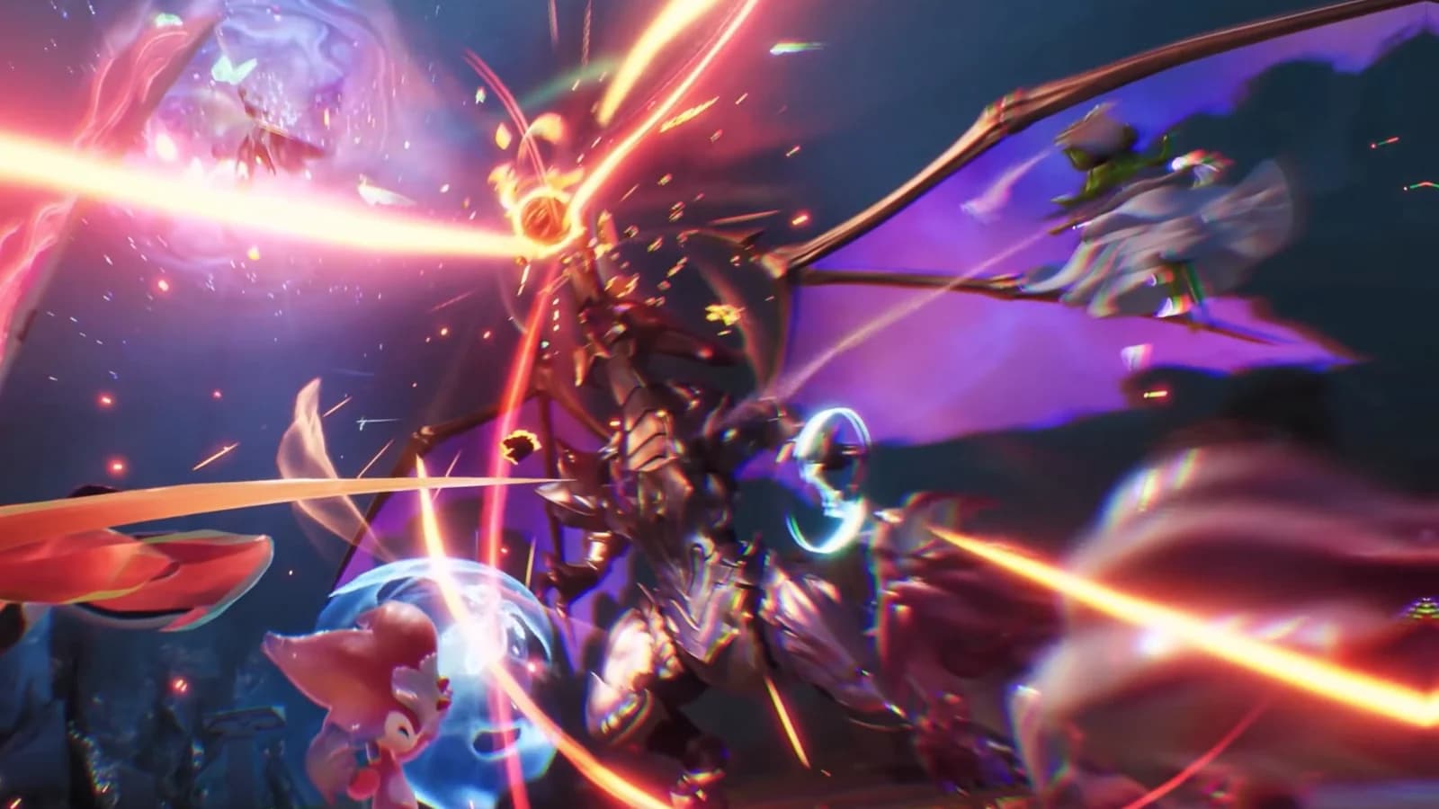 Aniimo battle at dusk with orange energy blades crossing a dark winged opponent while smaller Aniimo hold a shield bubble