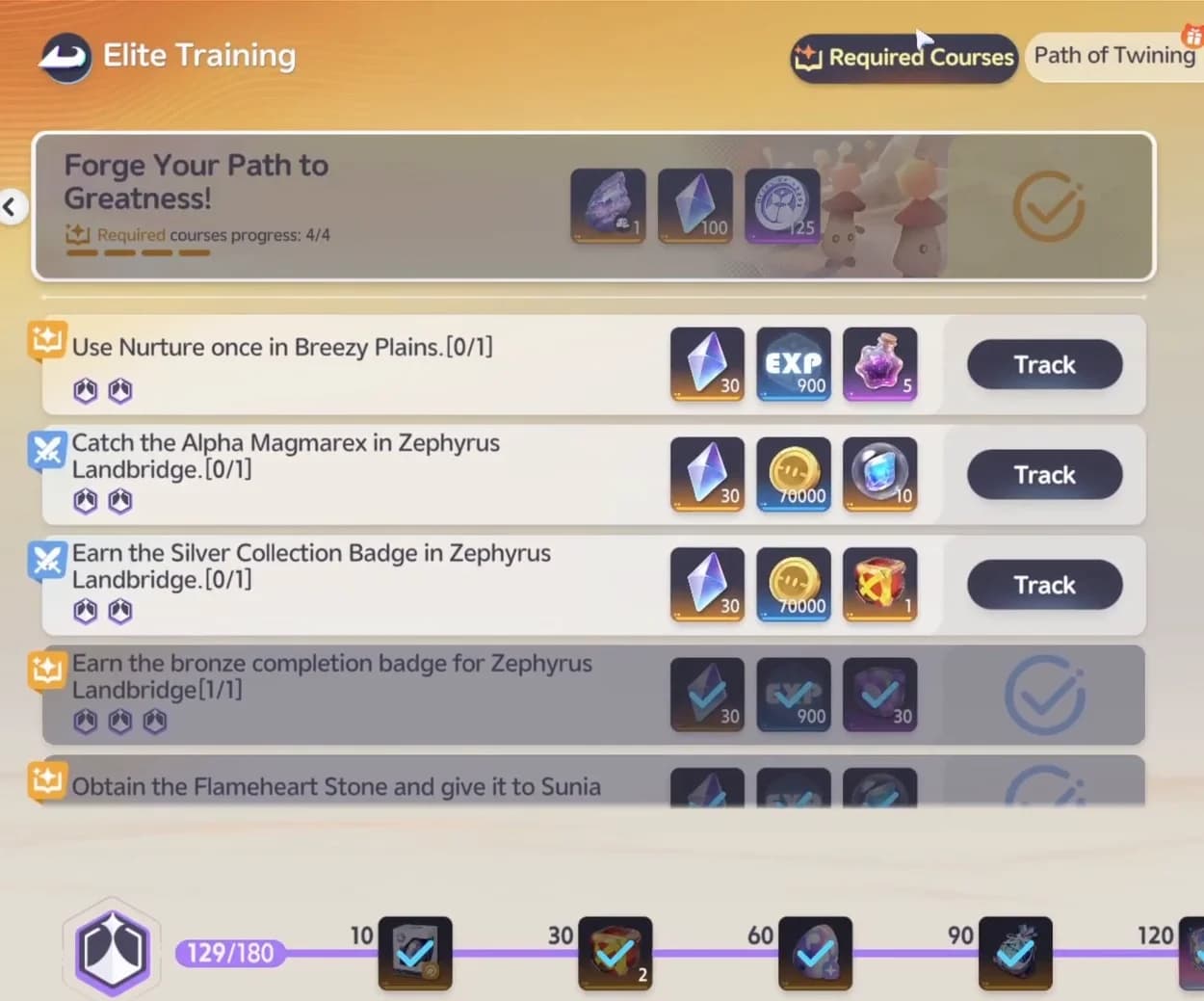 Elite Training screen listing required courses with reward tiles and a badge track reading 129 of 180