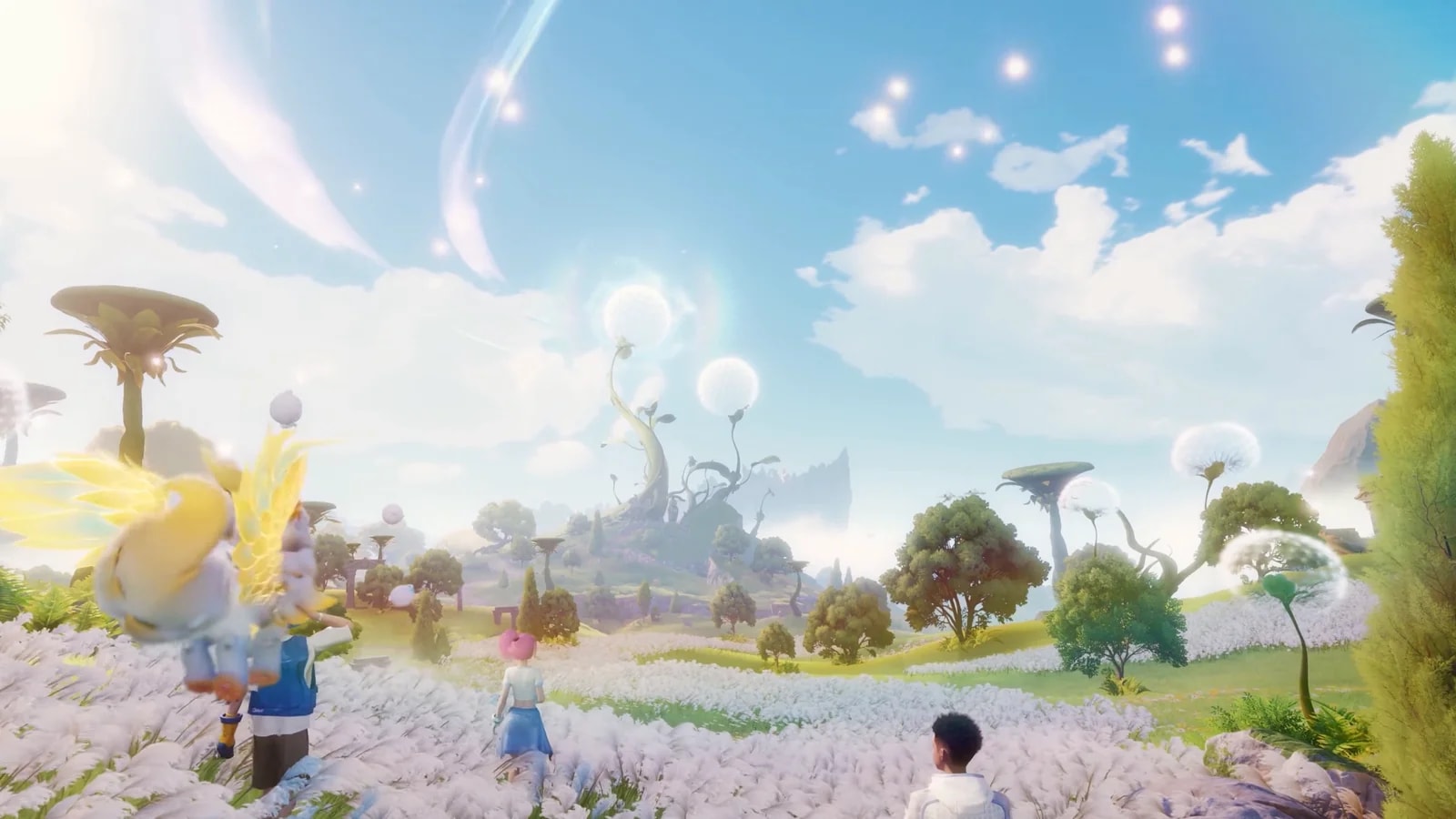 Three expedition members walking through a white flower field in Idyll toward a distant spire under a pale sky