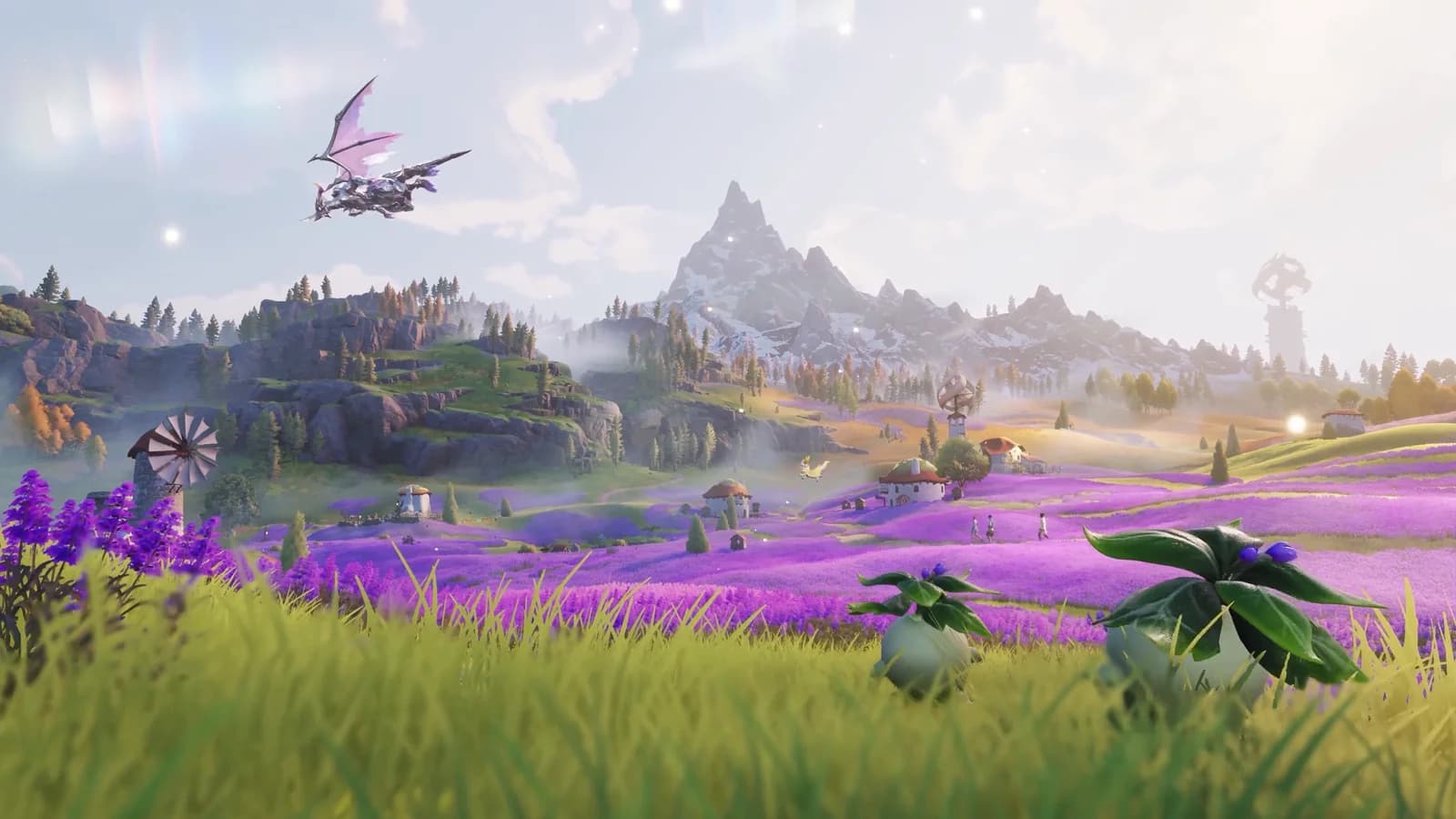 Wide view of Idyll with a purple flower plateau, a rocky mountain ridge and an Aniimo gliding overhead