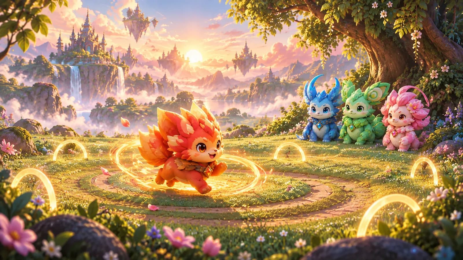 A dawn clearing where one creature practises alone while three companions wait at the treeline