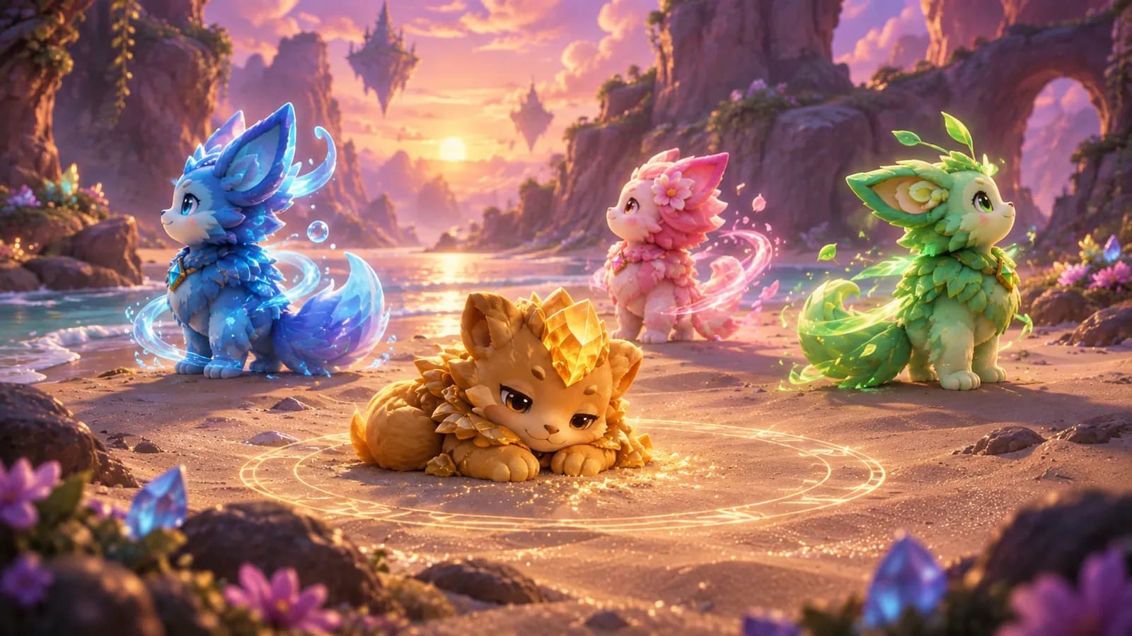 A canyon mouth after a fight with one dimmed creature, fading energy motes on the sand and three companions standing apart