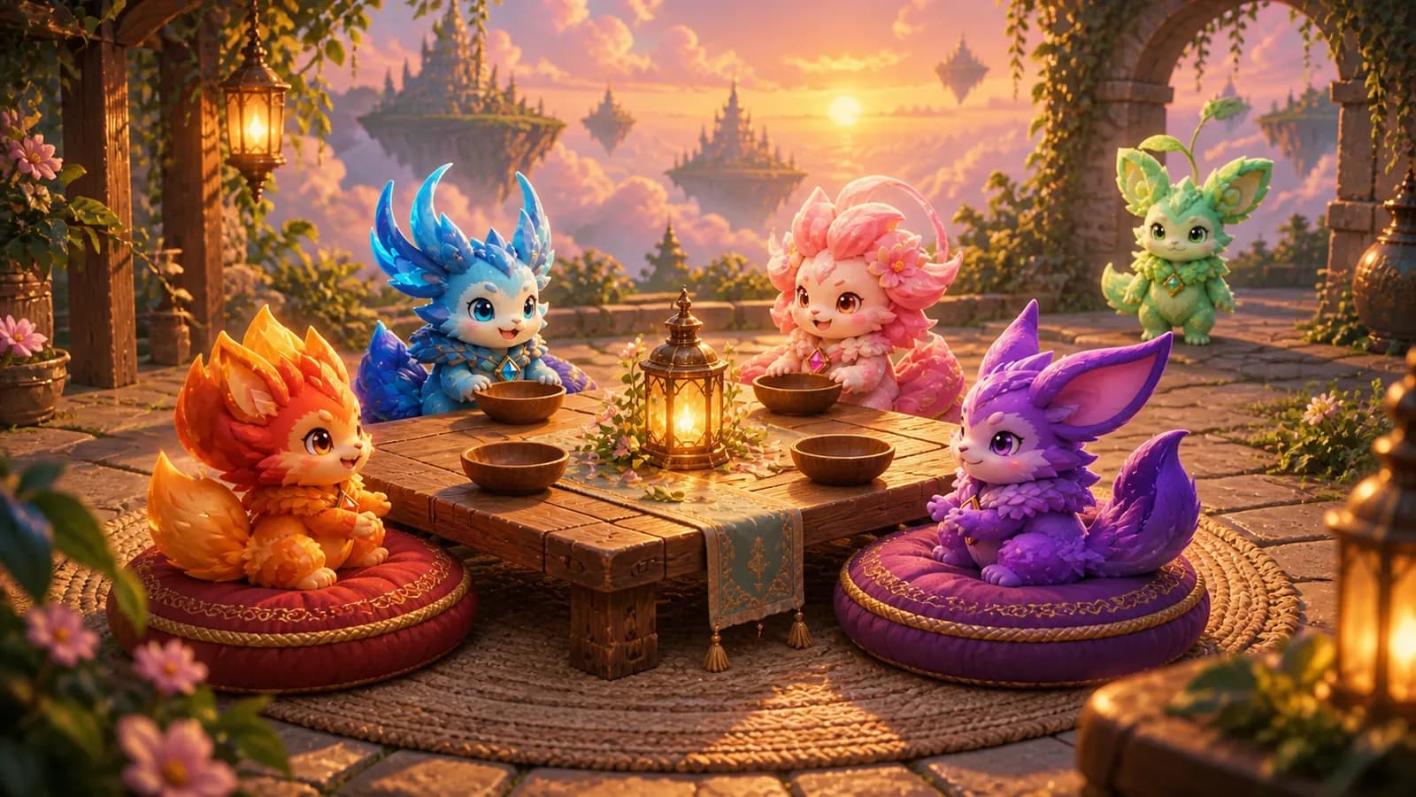 A camp field table with four places laid and four creatures settling in while a fifth stands back at the edge of the light