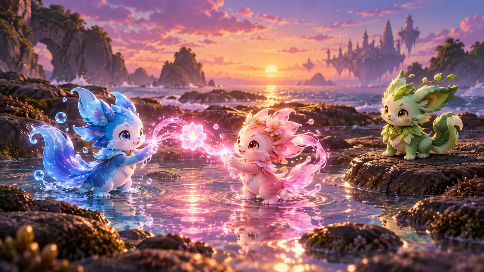 Two water creatures on a tidal shelf with a charm light passing between them and a third standing outside the light