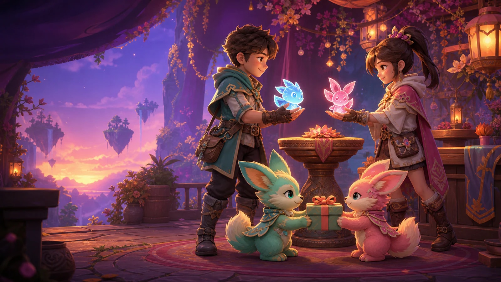 Two Pathfinders exchange glowing creature charms while their companions trade a wrapped gift