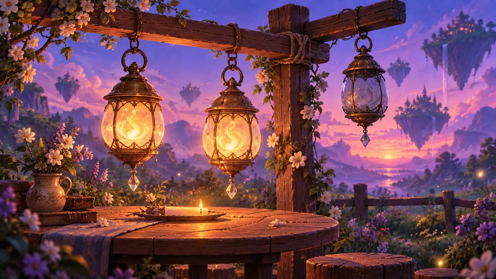 Two lit lanterns hanging from one crossbeam over a shared table at dusk with a single taper between them and an unlit lantern at the end of the beam