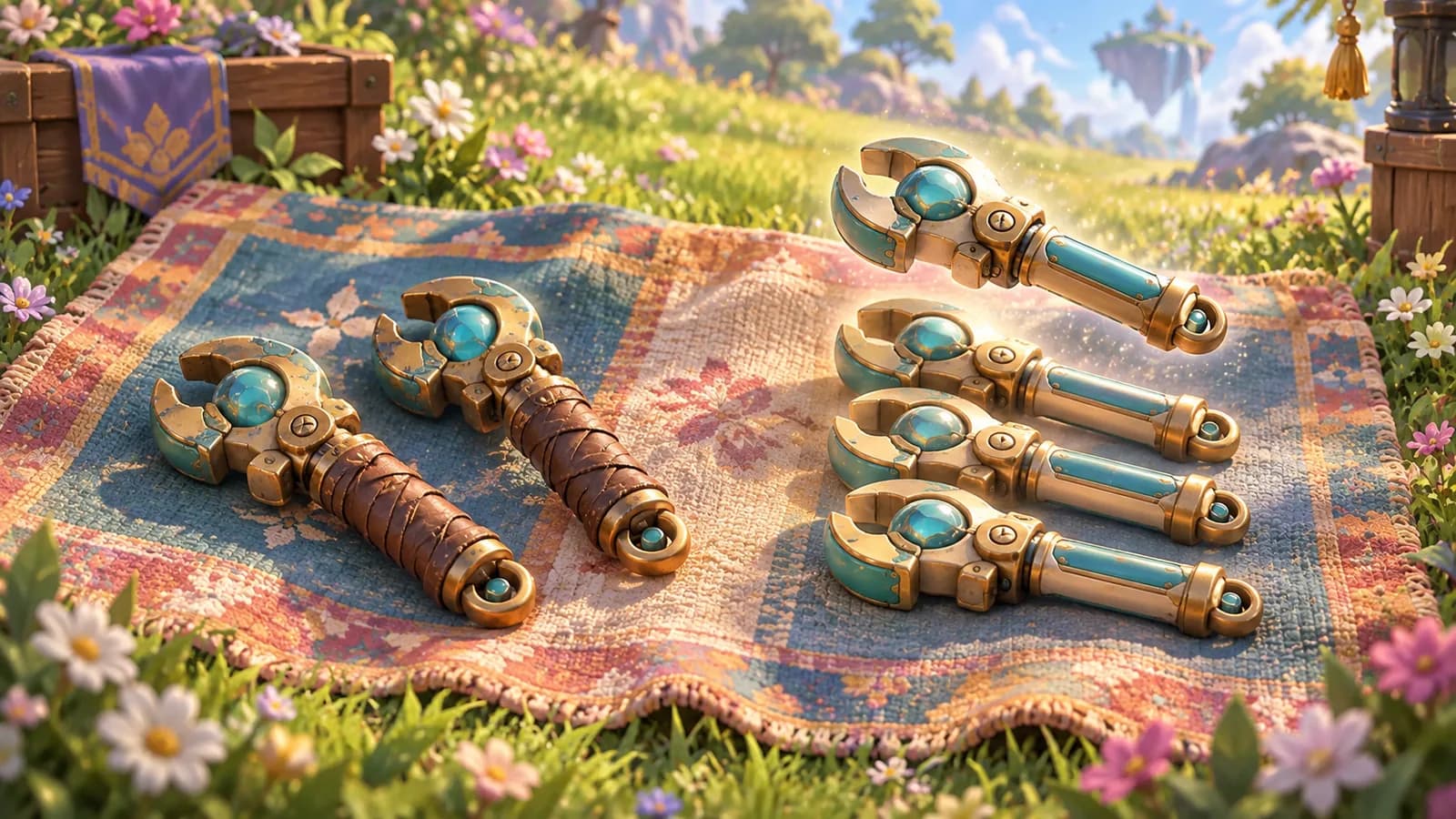 A trading blanket on grass holding two worn tools with fitted grips on one side and four identical unfitted spares stacked on the other, one lifted clear