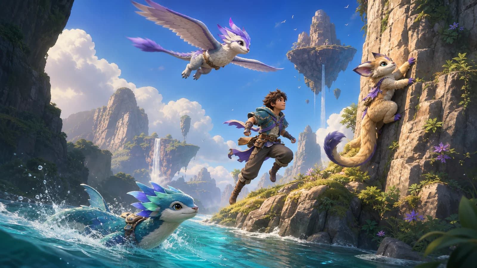 A Pathfinder crosses a canyon with winged, climbing and swimming companion creatures demonstrating three traversal routes