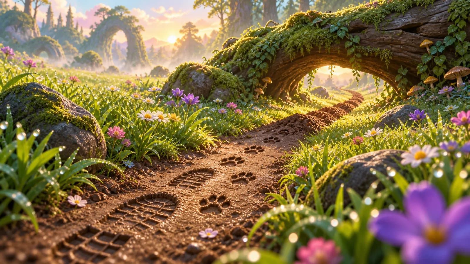 One continuous trail across a meadow that changes from boot prints to paw prints to a burrow ridge running under a fallen log