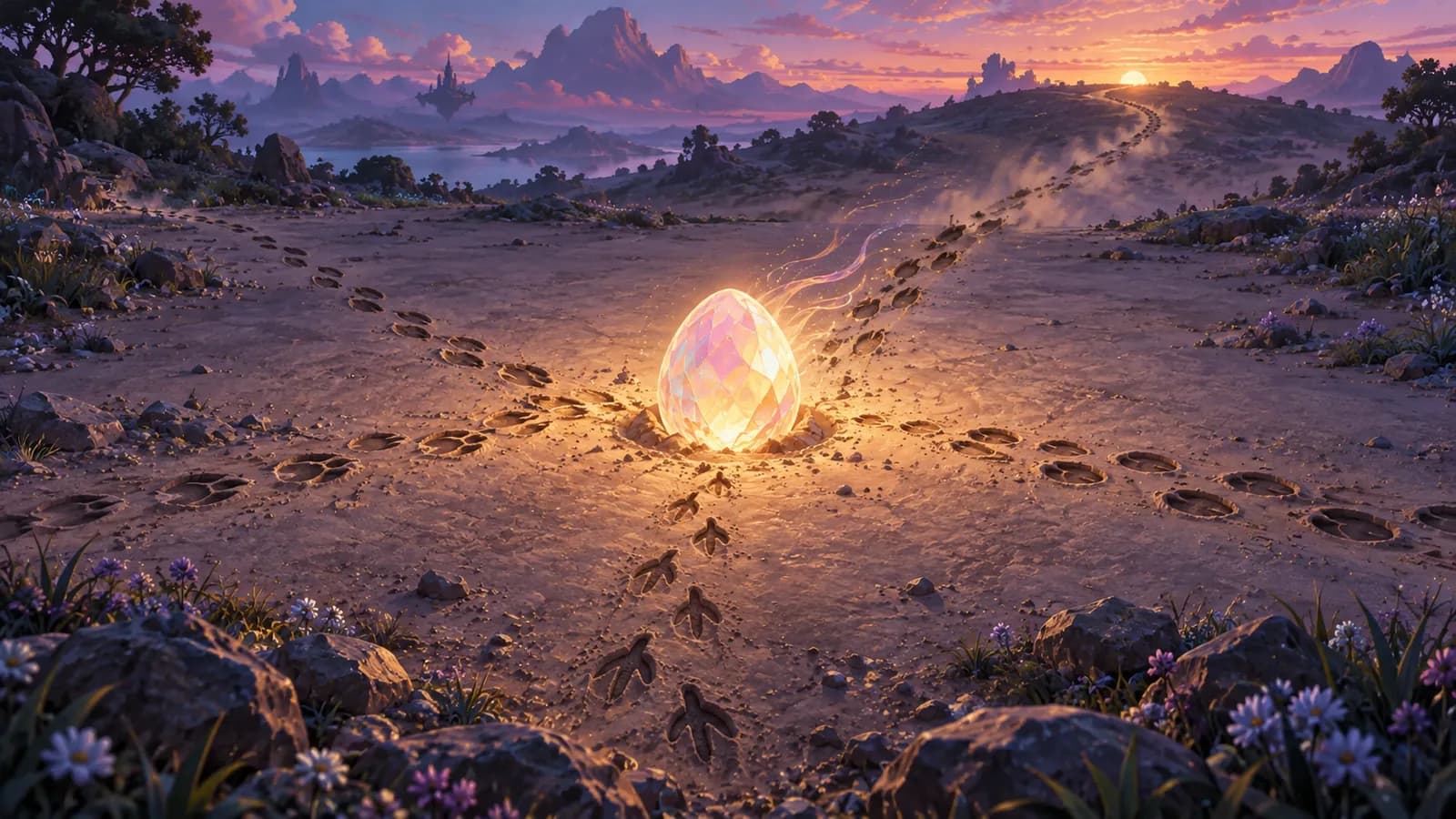A dusk clearing where tracks converge on a glowing egg and one set of tracks leaves fast toward a ridge