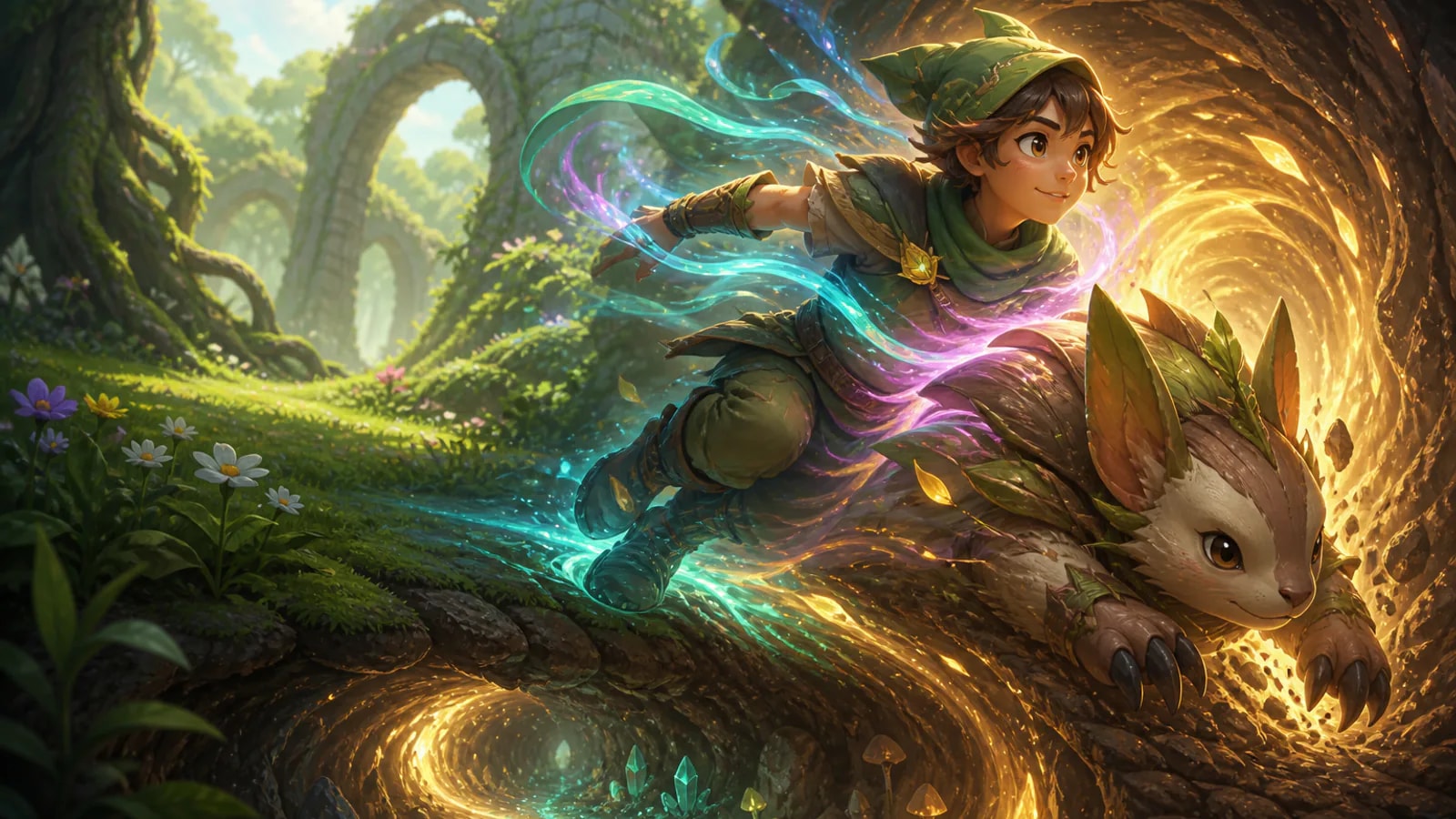 A Pathfinder synchronizes with a burrowing woodland creature and follows its glowing tunnel route