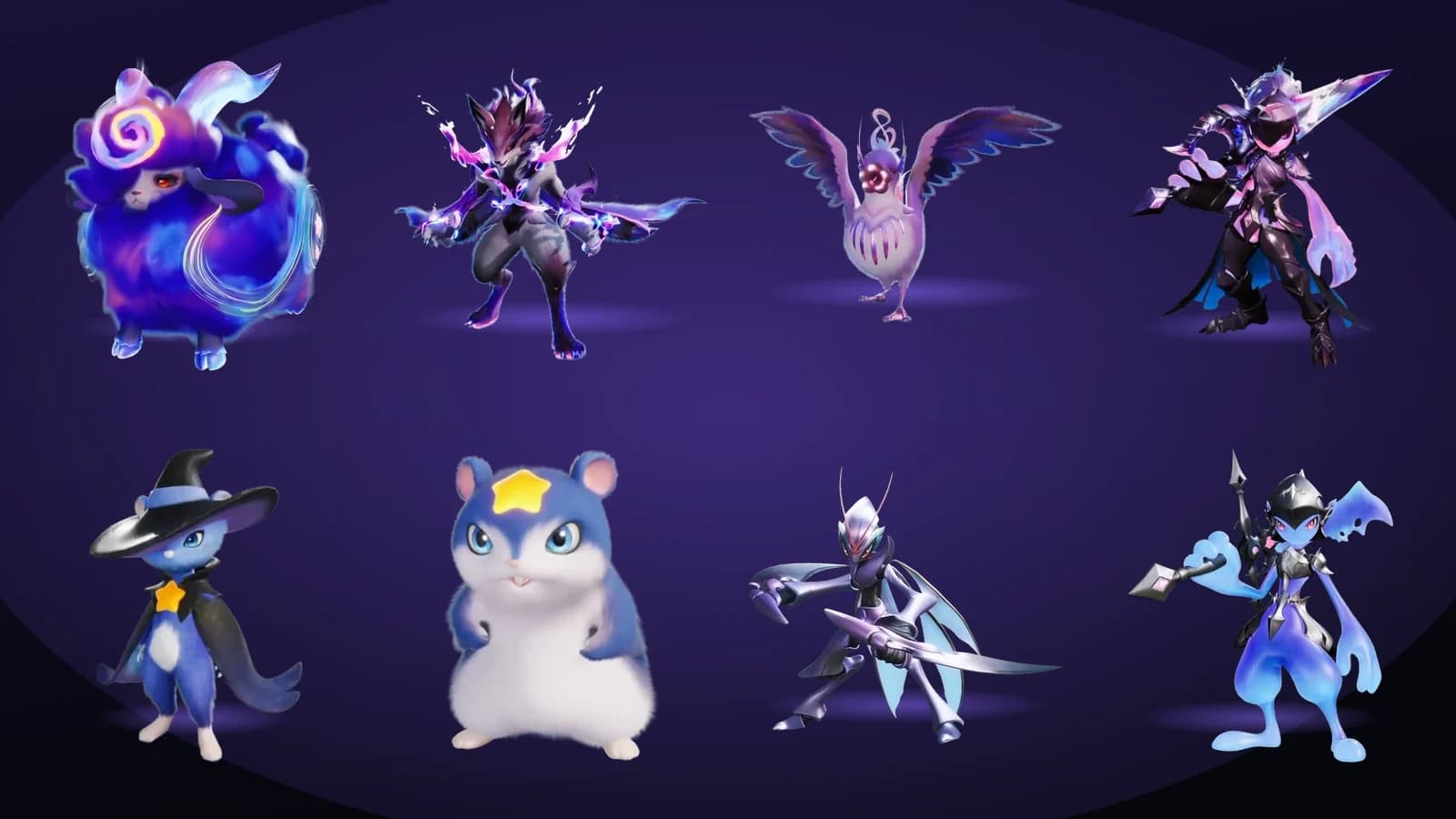 Four Umbrabow forms above four Dark-element species in their normal colours, eight card portraits in two rows
