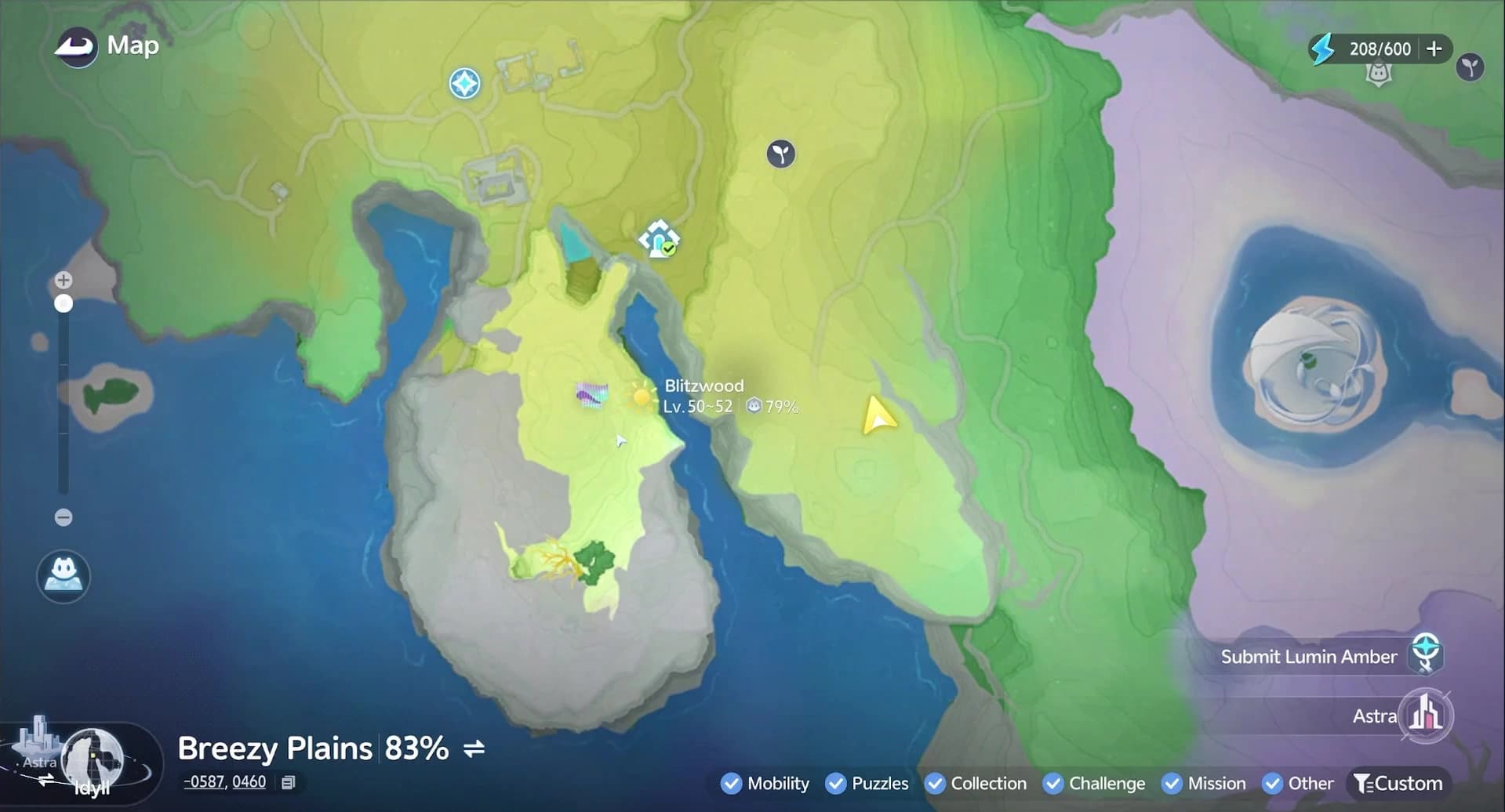 The map zoomed to Blitzwood with an aurora icon beside the region name while a triggered Prismana Flow is running