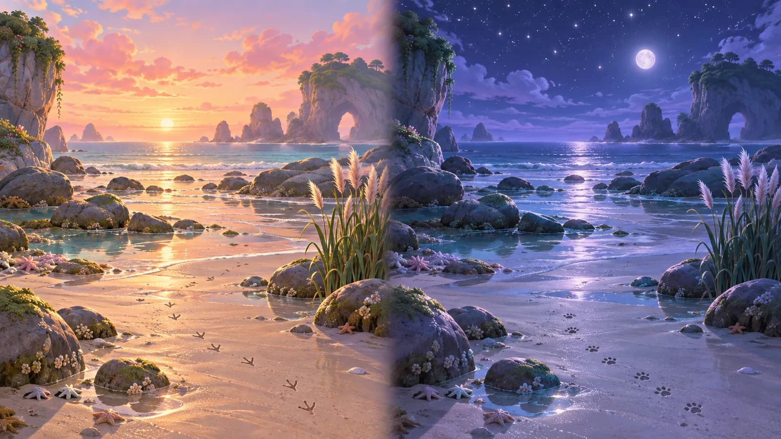 One shoreline clearing painted twice on a single canvas, the left half in afternoon light and the right half the same rocks and reeds after dark with different tracks in the sand