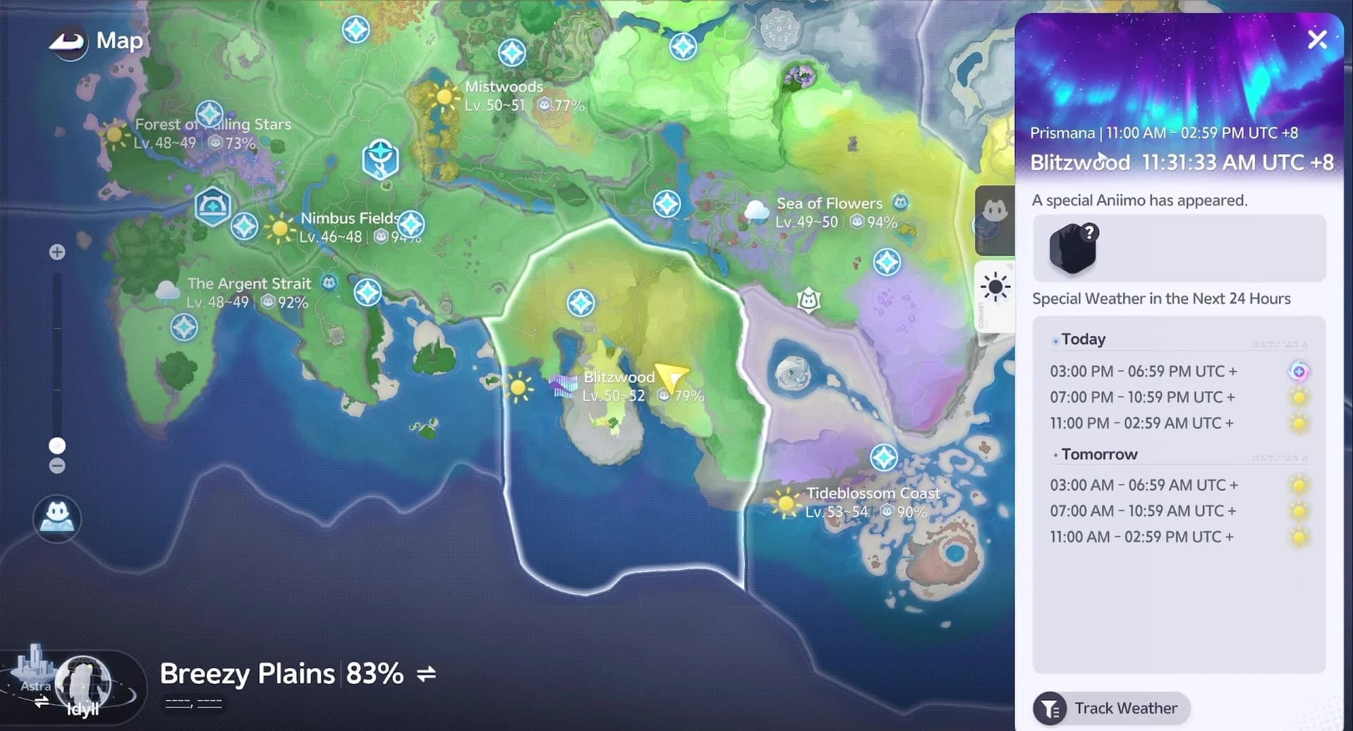 Blitzwood’s weather card naming the active Prismana window from 11:00 to 14:59 and the next 24 hours of special weather in four-hour blocks