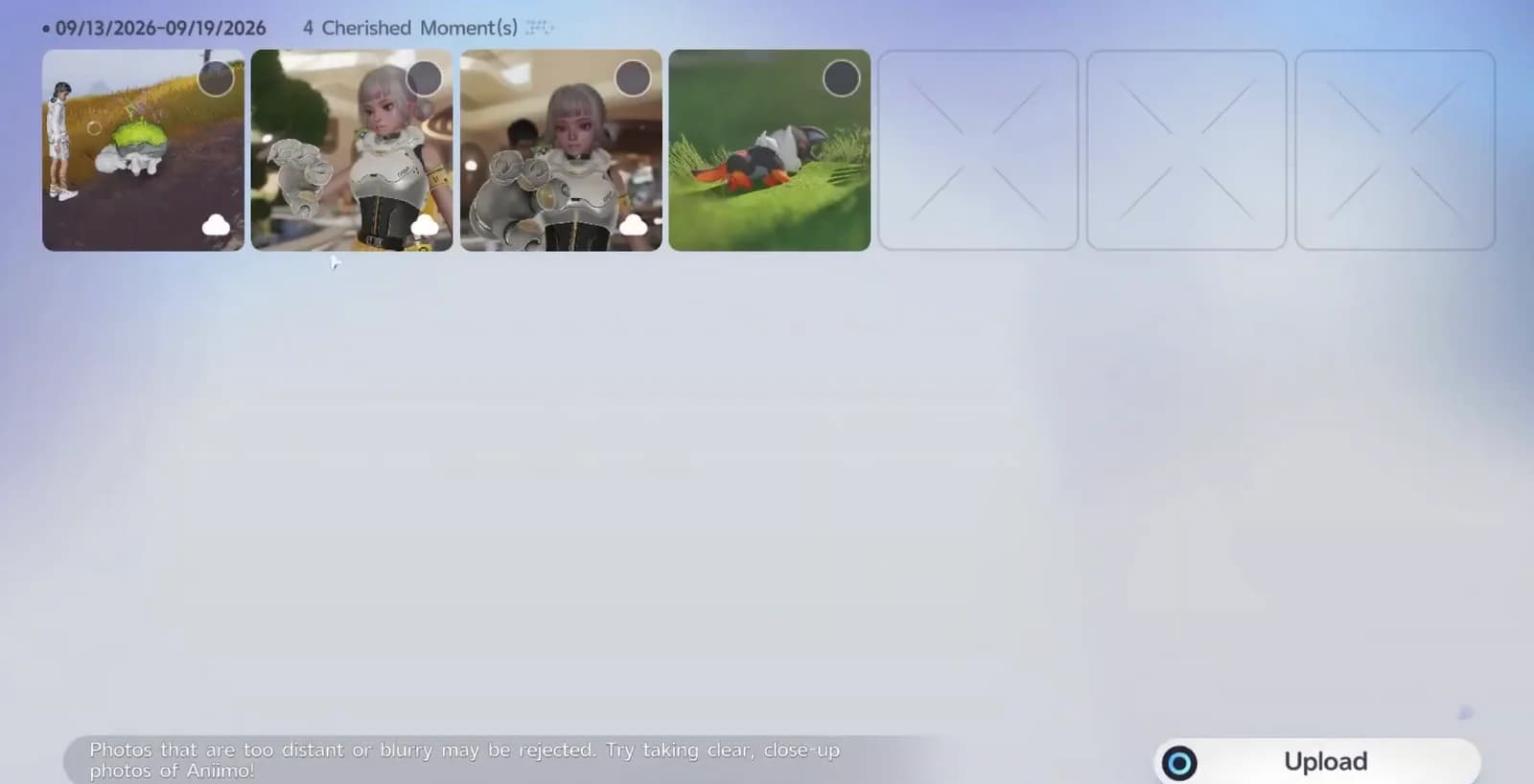 The photo album with a saved picture selected and an Upload button