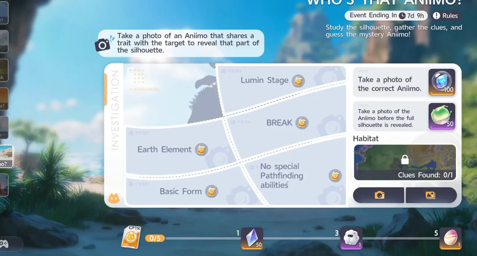 The investigation board with five clue tiles and the silhouette hidden