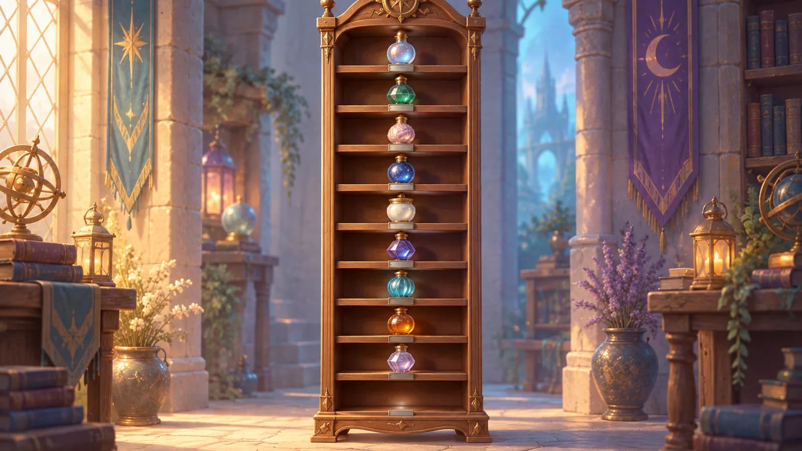 A tall cabinet of ten shallow shelves lit from one side, each holding a small sealed vessel above an engraved name plate, with one plate left blank