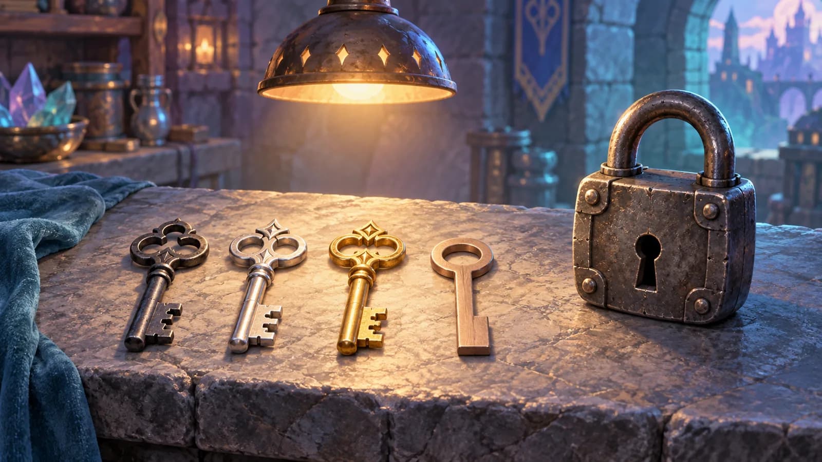 A stone workbench under a hanging lamp with three cut keys of different metals laid against one heavy lock and a fourth uncut key blank beside them