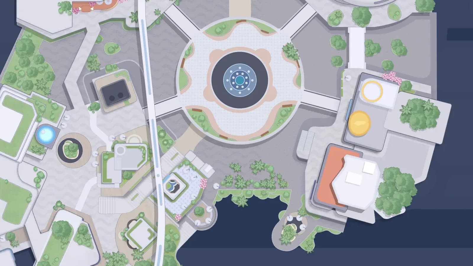 Astra atlas around the circular Horizon Square plaza, with the lake south of the paving where the stall stands